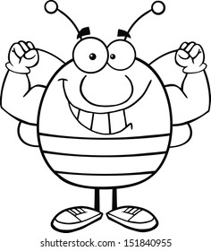 Black And White Pudgy Bee Cartoon Mascot Character Showing Muscle Arms