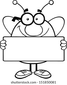 Black And White Pudgy Bee Cartoon Mascot Character Holding A Banner