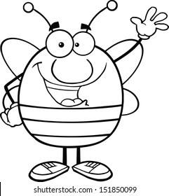 Black And White Pudgy Bee Cartoon Mascot Character Waving For Greeting