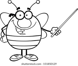 Black And White Pudgy Bee Cartoon Mascot Character With Glasses Holding A Pointer