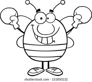 Black And White Pudgy Bee Cartoon Mascot Character Wearing Boxing Gloves