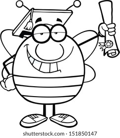 Black And White Pudgy Bee Cartoon Character Graduate Holding Up A Diploma
