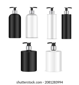 Botella de bomba en blanco y negro, maquillaje de dispensador de champú. Plantilla de contenedor de plástico de jabón líquido. El dispensador de la bomba hidratante de crema de mano o loción se mofa. Envase de productos para el cuidado de la piel