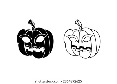 black and white pumpkin character. vector illustration. line art, silhouette, simple and sketch concept. used for halloween, decoration,  mascot, logo, symbol, sign, print, drawing book, or coloring