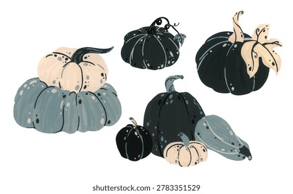 Black and white pumpkin hand drawn illustration, autumn squash gourd collection with leaves botanical, spooky Halloween harvest decor.