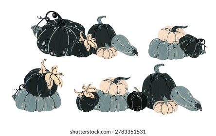 Black and white pumpkin hand drawn illustration, autumn squash gourd collection with leaves botanical, spooky Halloween harvest decor.