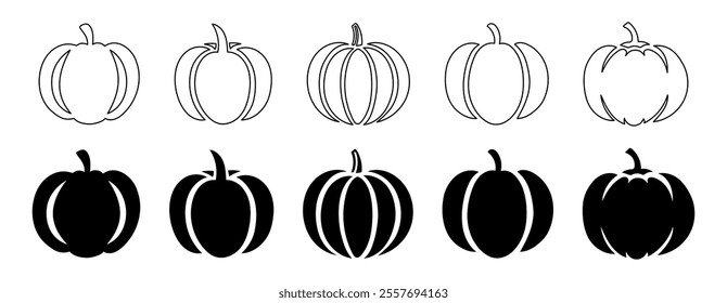 Black and white pumpkin icon set in outline and silhouette variations, isolated on a white background. Concept of autumn harvest, Thanksgiving, Halloween decoration, and seasonal design template