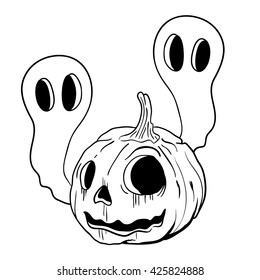 calabaza negra y blanca y dos fantasmas