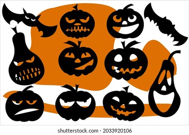 Black and white pumpkins with slits for eyes, mouth and nose for Halloween