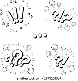 black and white Punctuation marks in comic style: question, exclamation mark, ellipse Vector illustration set