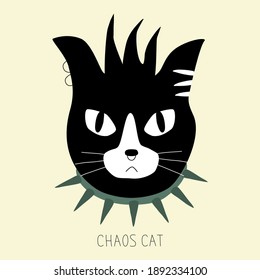 Black and white punk cat with collar. Head of angry black cat with punk hair. "Chaos cat" funny card. Punk rock cat cartoon. 