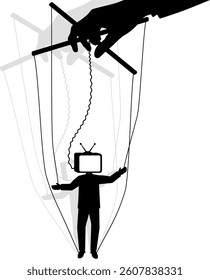 black white puppet with a TV instead of a head, manually controlled, no background, with a shadow