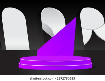 Espectáculo de escenario negro, blanco y morado para presentación. Formas geométricas mínimas vectoriales, escena vacía. Exhibición futurista de producto de imitación. Resumen del podio peatonal del cilindro.