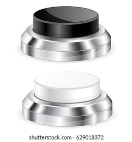 Black and white push buttons with metal base. Vector 3d illustration isolated on white background