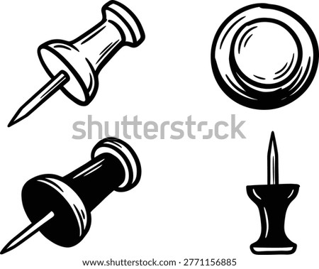 Black and white push pins, office stationery icons, pushpins for notice board, map tacks, isolated school and work supplies, line art
