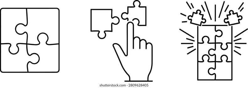 Black and white puzzle illustrations showing problem solving process, hand placing puzzle piece, completed square puzzle, and success concept with bursting puzzle pieces