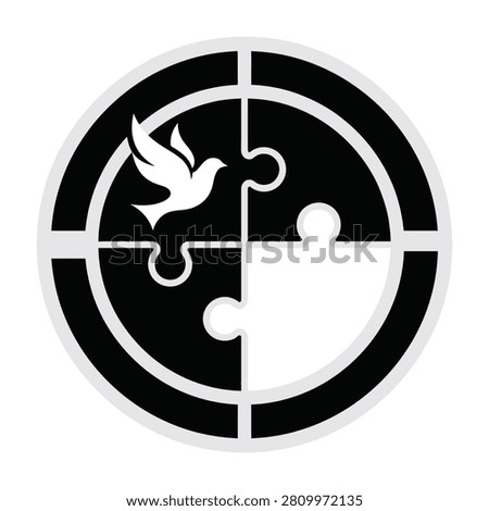 A black and white puzzle piece with a dove flying out, symbolizing freedom and unity, on a plain background