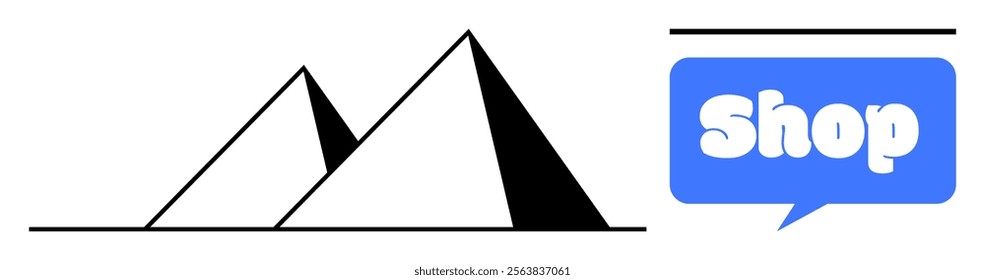 Black and white pyramids with a blue speech bubble labeled Shop. Ideal for logo design, branding, advertisements, ecommerce, and retail themes. Minimalist style