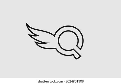 black white Q simple alphabet letter logo icon with line design. Creative wing template for company 