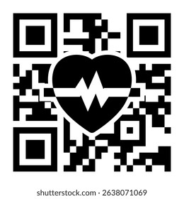 Black and white QR code overlaid with a heart and heartbeat graphic, providing access to medical data or information This is ideal for healthcare apps and technology