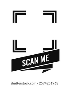 Black and white QR code scan frame with bold Scan Me text on a ribbon, minimalistic style on a white background, concept of digital scanning. Vector illustration