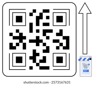 Black and white QR code with an upward pointing arrow and a shopping cart icon indicates a link to a purchasing page. Ideal for e-commerce, mobile shopping, digital marketing, promotions, and online