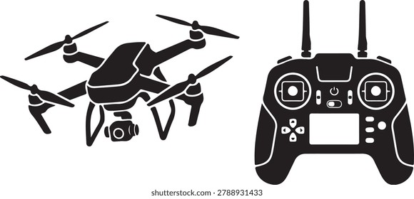 Black and white of a quadcopter drone with camera and a remote control transmitter for aerial keywords: drone