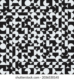 Black and white quarters of circle. Vector repeated shapes mosaic and decor broken tiles.
