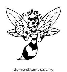 
Black white Queen Bee Cartoon With Crown