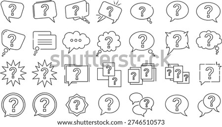 Black and white question mark icons, inquiry symbols, uncertainty signs, speech bubbles, thought bubbles, educational graphics, customer support visuals, communication design
