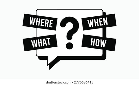 Black and white question mark with where what when how text banners speech bubble