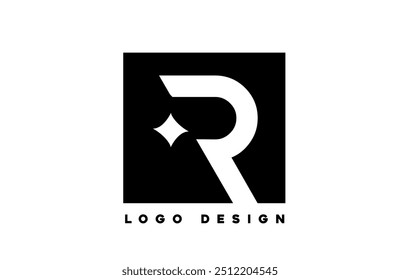 black white R corporate letter alphabet logo icon design with star suitable for a business or company