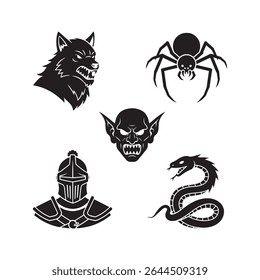 Preto e branco R P G jogo Monster vetor Ícones definir Wolf Spider Goblin Knight Snake