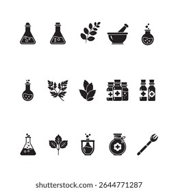 Black and White R P G Potion Alchemy Herb vector Icons Set