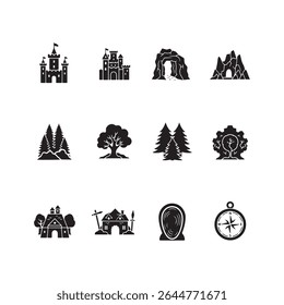 Black and White R P G Game vector Icons set Castles Caves Trees Compass