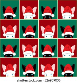 Black White Rabbit Chess board Christmas Red Green Background. Seamless Vector Illustration