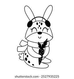 Black and white rabbit clipart. Autumn animal character. Fall animal doodle. Hand drawn vector illustration in flat style