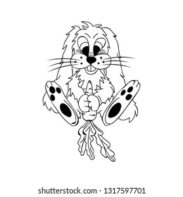 Black and white rabbit drawn by hand, which holds in his paws a carrot. Illustration in cartoon style. Positive and funny animal. Hare with carrot. Cartoon animal.