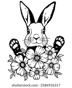 Black and white rabbit silhouette with detailed floral elements. Adorable bunny peeking from behind beautiful flowers. Perfect for tattoo designs, prints, coloring pages, and decorative art.