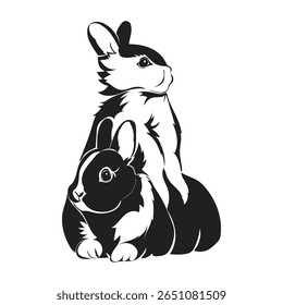 Black and white rabbit silhouette illustration featuring two adorable bunnies in elegant style, ideal for minimalist logos, print designs, tattoo art, and creative decorative projects.