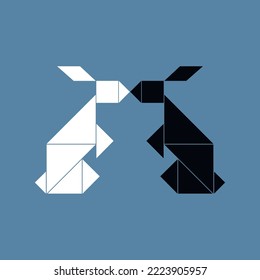 Black and white rabbit. Tangram rabbit. Trendy origami style rabbit from geometry shapes. Lunar 2023. Year of the Rabbit. Chinese new year background, banner, greeting card.