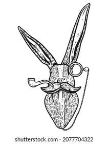 Black and white rabbit vector illustration wearing vintage glasses 