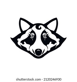 Black white raccoon girl head logo and icon, clip art vector. Illustration isolated on white background. Cute raccoon face. fox, wolf, cute animal