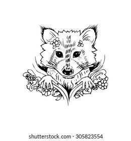 Black and white raccoon isolated. Engraving sketch. Abstract vector raccoon in the flowers. Print for t-shirt. Wild things.