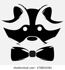 Black and white raccoon. Wild animal vector illustration. Funny raccoon with a butterfly on his neck. Logo for t-shirts and photo printing.