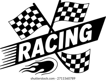 Emblema de corrida preto e branco com texto de corrida em negrito, sinalizadores quadriculados, elemento de velocidade da chama e linhas de movimento dinâmico. Motorsport inspirou design gráfico isolado em fundo branco, ideal para corridas, velocidade, competição e projetos com tema automotivo.