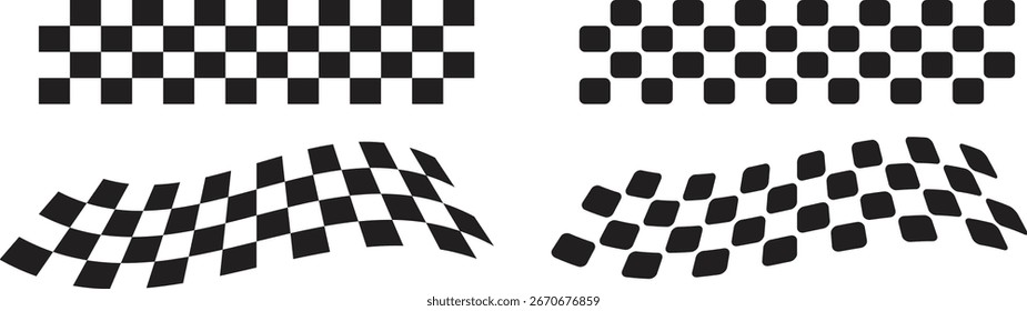 Conjunto de vetor de onda de bandeira de corrida preto e branco, ideal para banners de automobilismo, gráficos de carro e design de evento de velocidade. Formas dinâmicas de sinalizadores quadriculados no efeito de movimento. Fundo abstrato de alta qualidade.