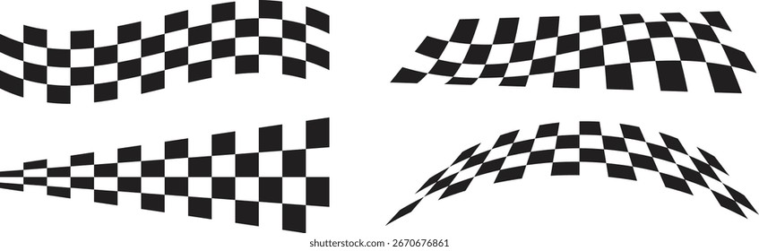Conjunto de Vectores de onda de bandera de carreras en blanco y negro, ideal para Anuncios de automovilismo, gráficos de automóviles y diseño de eventos de velocidad. Formas dinámicas de bandera a cuadros en efecto de movimiento. Fondo abstracto de alta calidad.