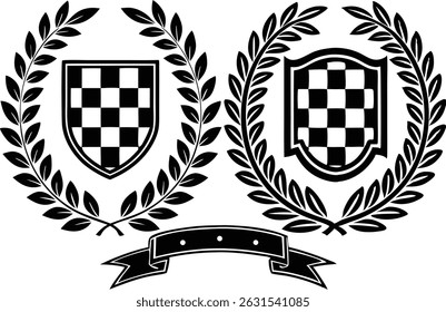 Black and White Racing Flags with Laurel Wreath Shields vector illustration