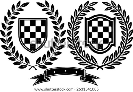 Black and White Racing Flags with Laurel Wreath Shields vector illustration